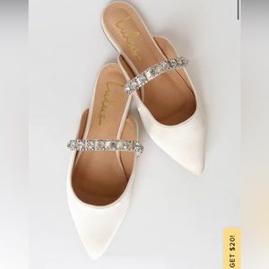 Lulus Arlya Ivory Satin Rhinestone Pointed-Toe Mule Slides